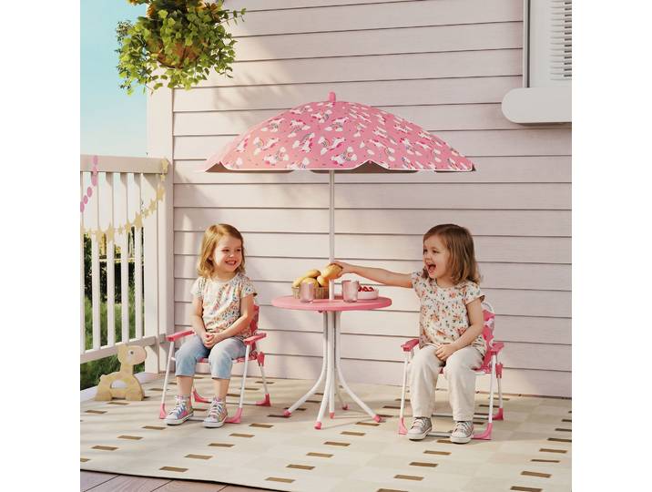 AIYAPLAY Salon Enfant Table 2 Chaises Pliantes Parasol Jungle Rose