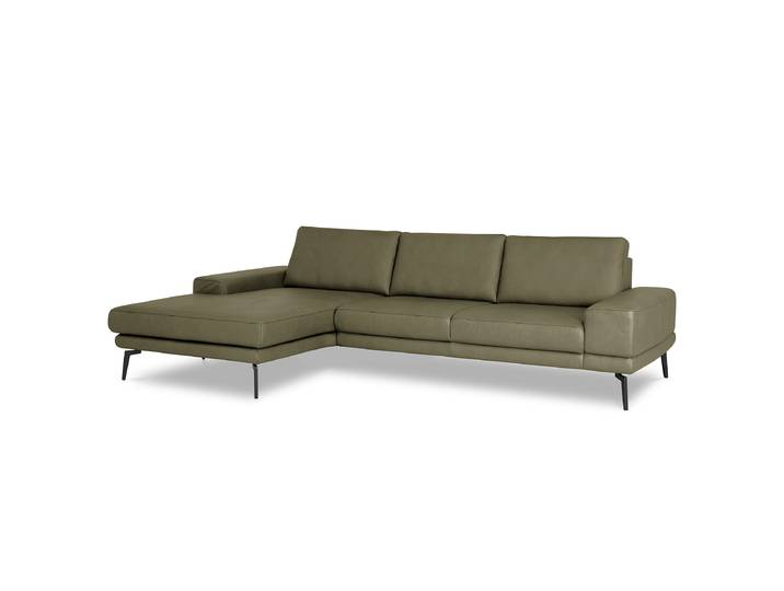 Ecksofa mit opt. Relaxfunktion Grün Echtleder Belmira 310 x 86 x 180cm Longchair davorstehend links Relaxfunktion Modern