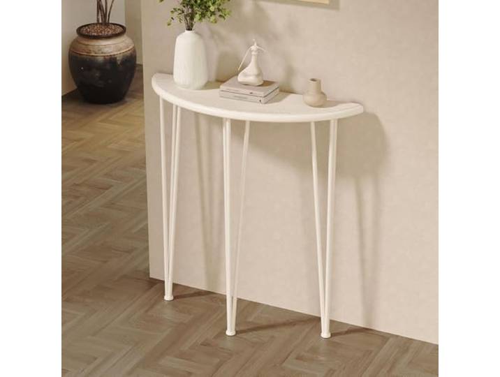 Moderner Konsolentisch Halbmond, Schmaler Flurtisch mit Metallgestell Halbrunder Beistelltisch und Sofatisch für Kleine Räume, Schmaler Eingangstisch für Diele Wohnzimmer(White,L80xh90cm)
