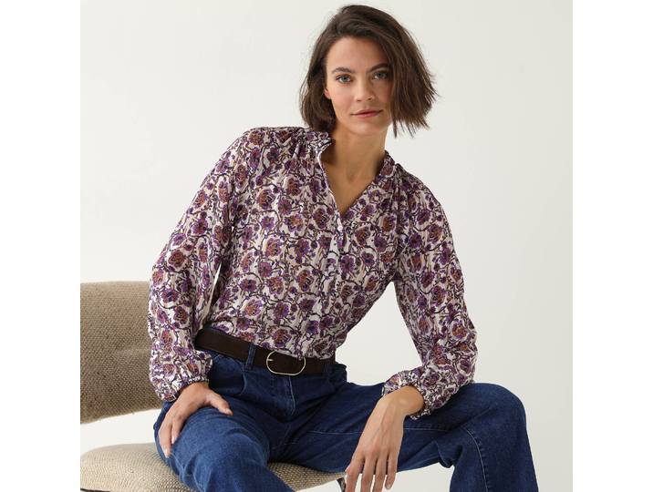 Chemisier col volanté en voile, imprimé floral bohème - Blancheporte