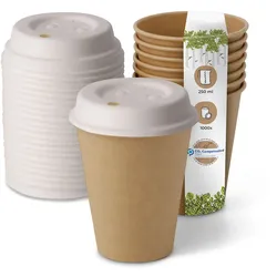 BIOZOYG 1000 Stück Kaffeebecher mit passenden Pappdeckeln 250ml / 10oz Einwegbecher Pappbecher Kaffeetassen ungebleicht kompostierbar nachhaltig