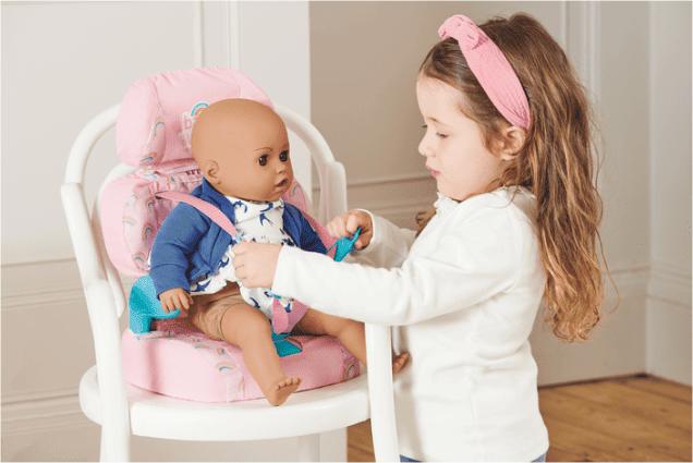 Casdon Baby Huggles Pink Doll Car Booster Seat for Dolls up to 46cm tall - Adjustable Headrest - Baby Care Role Play Toy