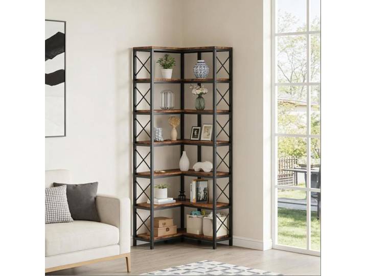 Etagère D'Angle 7 Niveaux Noir Etagère de Rangement Industrielle FloraGrace Pour Salon Ou Bureau 14 Compartiments 60x60x200cm