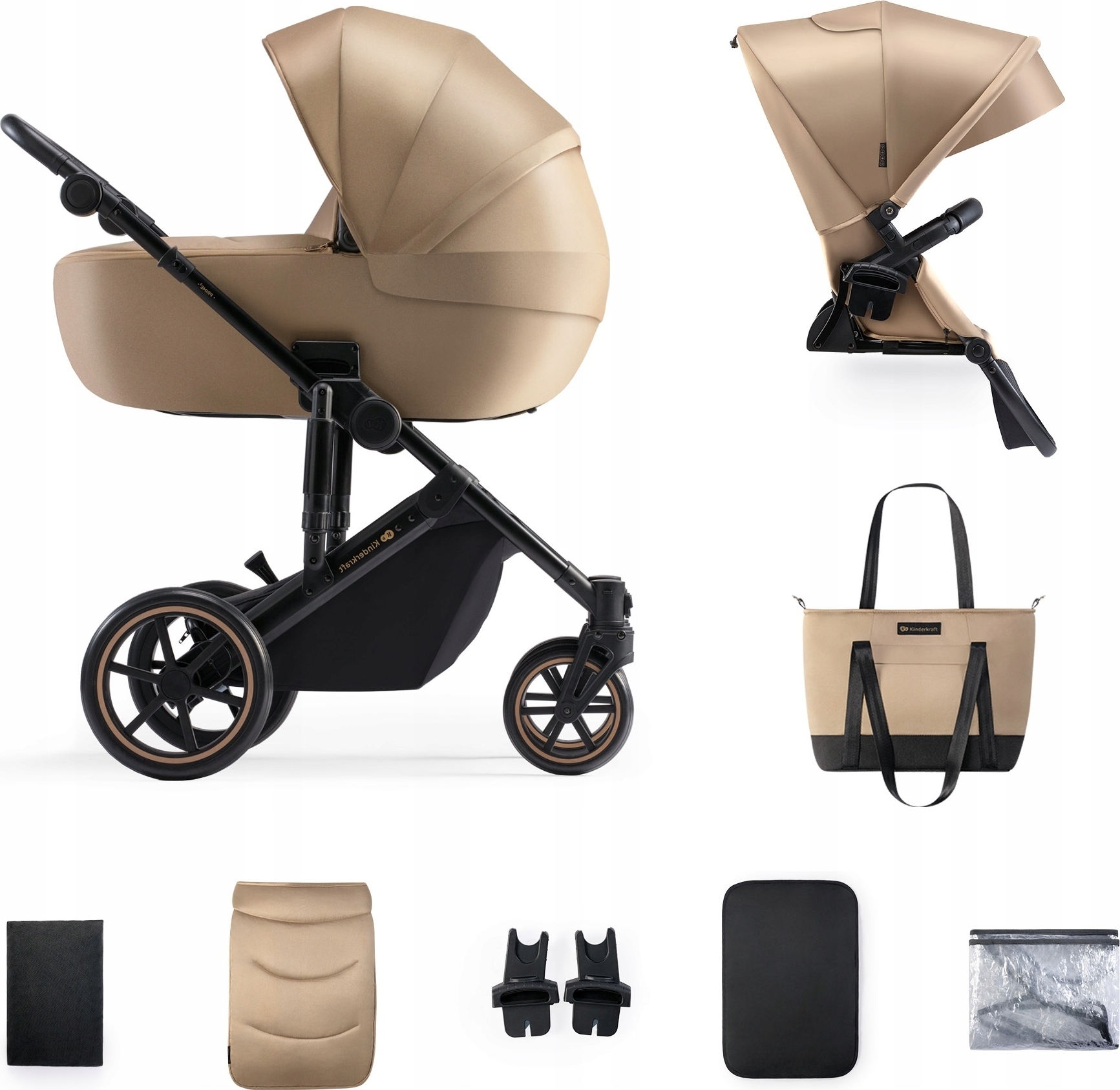 Kinderkraft PRIME 2 2-in-1 - Kombikinderwagen bis 22 kg - große Babywanne - vollgefederte Räder - wasserdichtes Verdeck - Beige