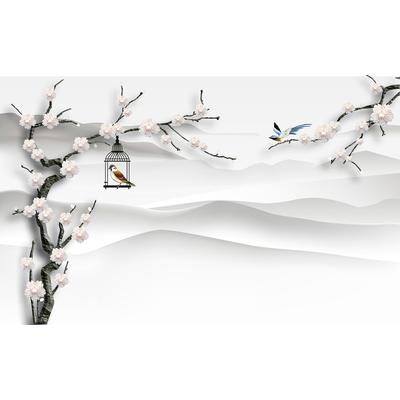 Fototapete PAPERMOON "Ast mit Vogelkäfig", bunt, B:5m L:2,8m, Vlies, Tapeten