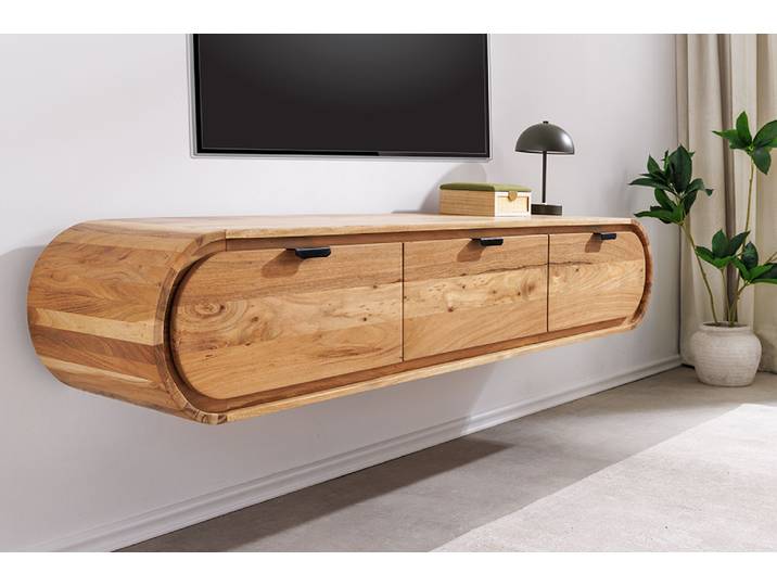 Hängendes TV-Board ORGANIC 160cm natur Akazienholz massiv handmade mit Schubladen