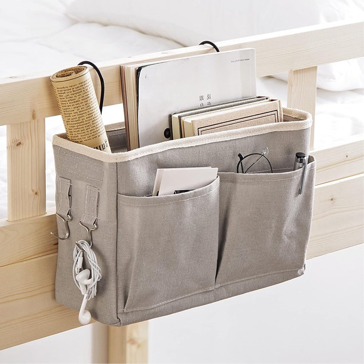 Hanging Organizer voor Bedside met Metalen Beugel en Slijtvast Stof, Grijs, 27 x 20 x 5 cm