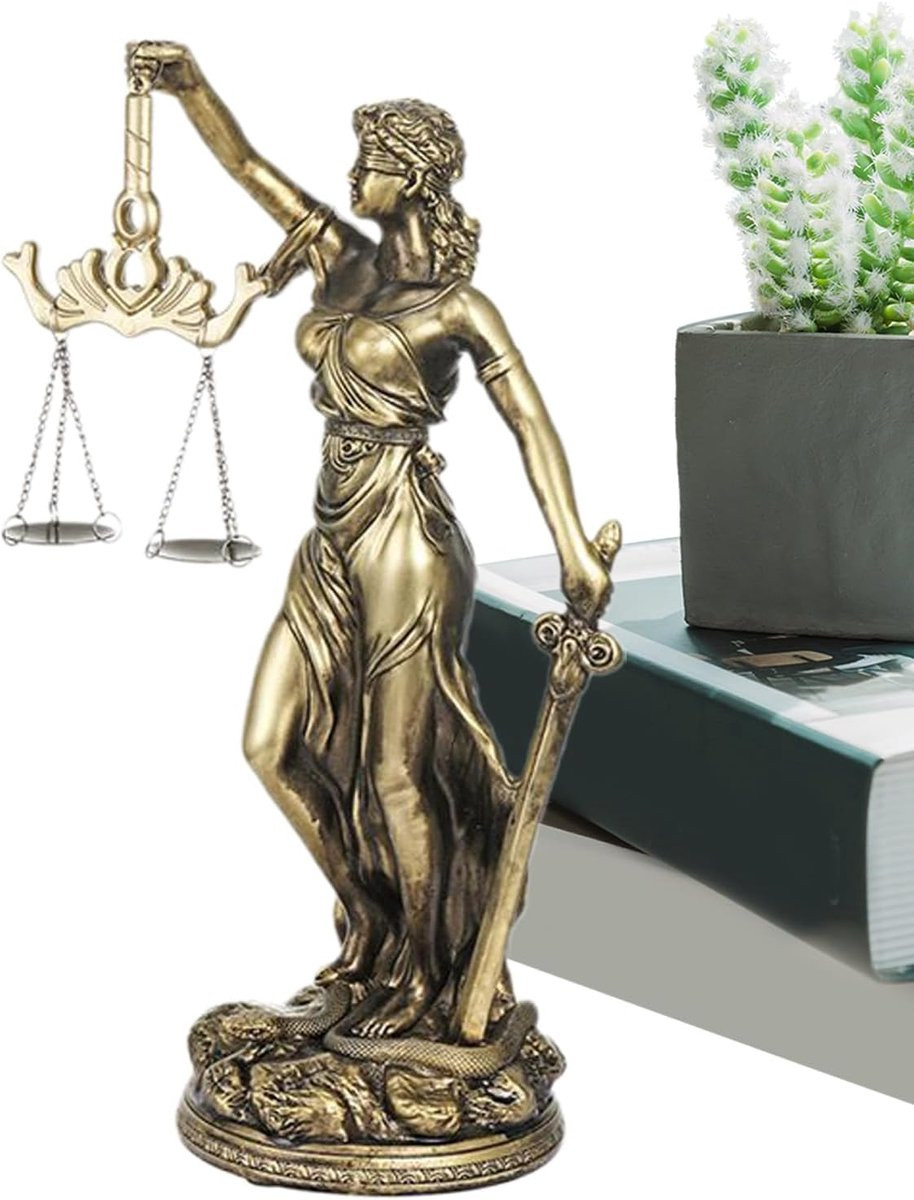 Decoratief beeld Vrouw Justitie in imitatie koper, Hoogte: 33,5 cm
