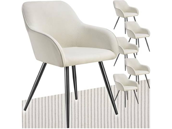tectake® 6X Esszimmerstuhl, Sessel bequem mit Armlehne, Polsterstuhl, Cord Cocktailsessel, Loungesessel für Wohnzimmer, Esszimmer, Moderne Küchenstühle, Bürostuhl - Creme/schwarz