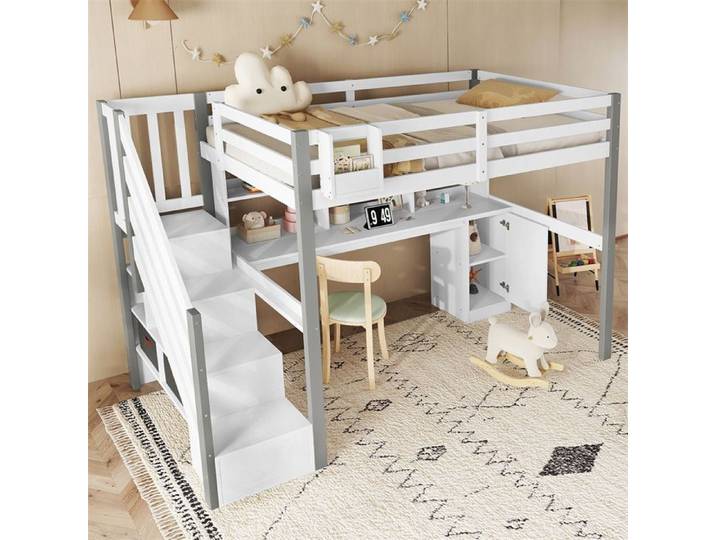 Lit Mezzanine 90x200cm avec Bureau Lit Mezzanine 1 Place avec Rangement Lit Haut pour Enfant Adolescents Armoire Pin Blanc et Gris