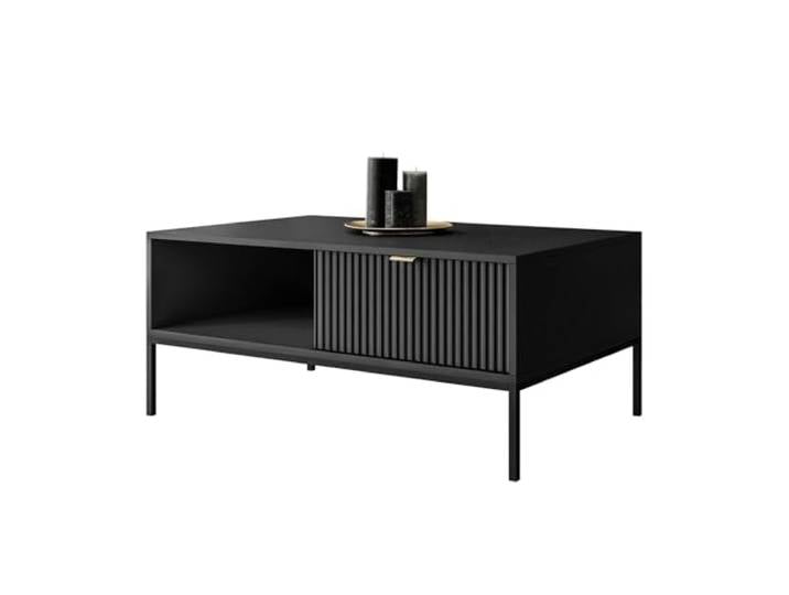 Lookway Couchtisch Cortado L-104 – moderner Couchtisch mit Schublade, geriffelte Fronten, schwarzes Metallgestell, 104×46×68 cm (Schwarz)