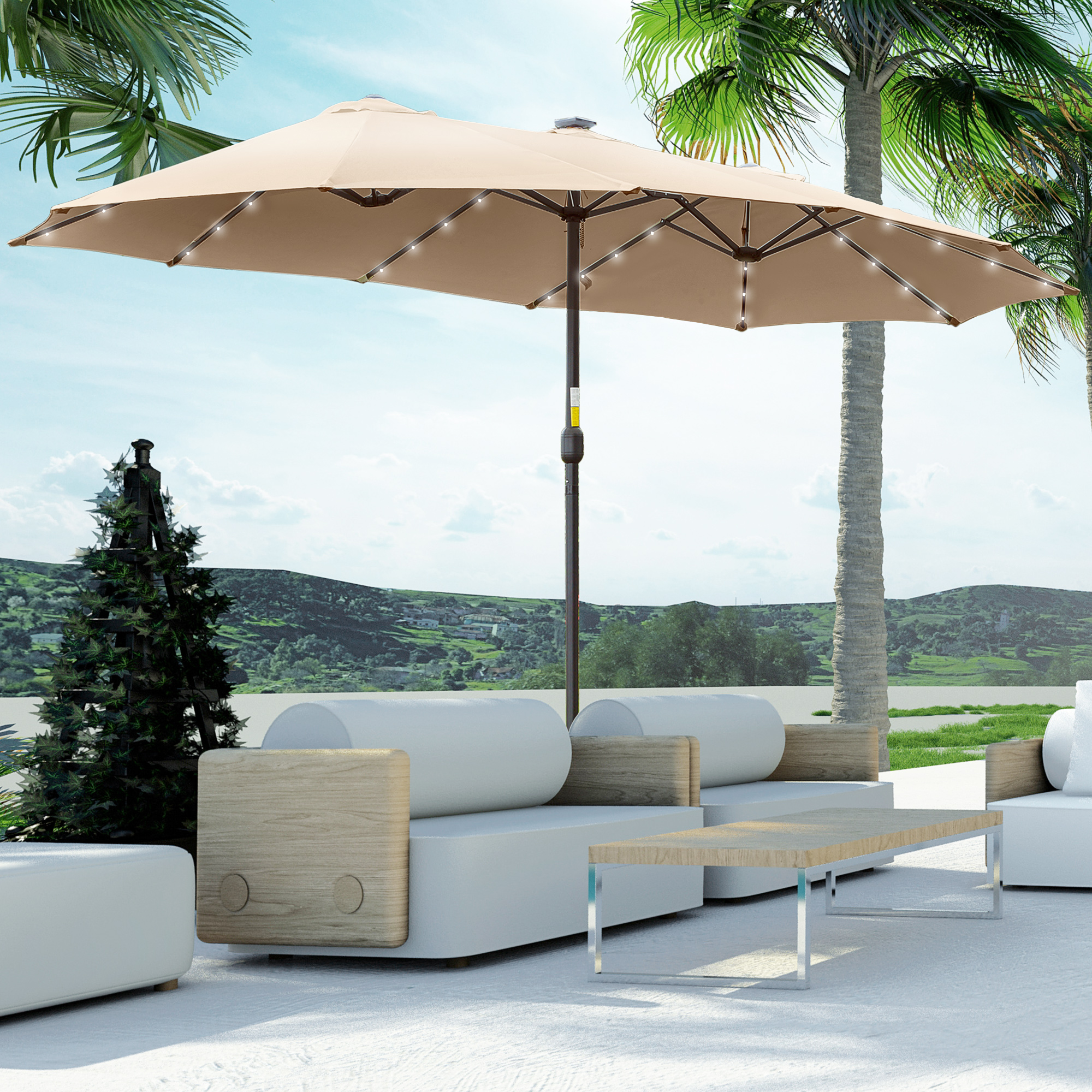 Outsunny Ombrellone da Giardino 4.5m con 48 Luci LED a Energia Solare, Ombrellone Doppio Parasole con Manovella, Cachi Aosom