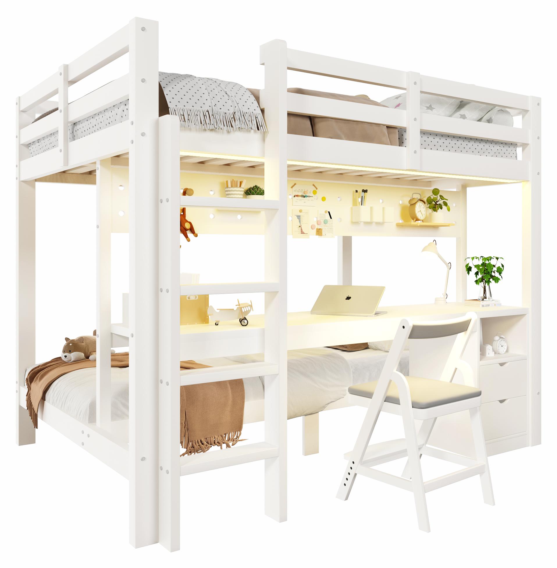 Etagenbett mit Schreibtisch, LED-Beleuchtung, Lattenrost, Wandgitter, Schubladen, Trittleiter und Regal, 140x200 cm/90x200 cm, Kinderbett, Kiefer