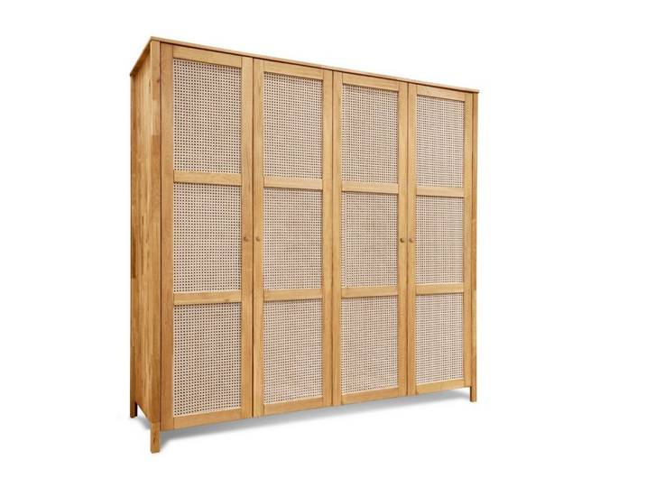 Natur24 Kleiderschrank Schrank Fani 4-Türig 205x61x202 Eiche Massiv Wiener Geflecht