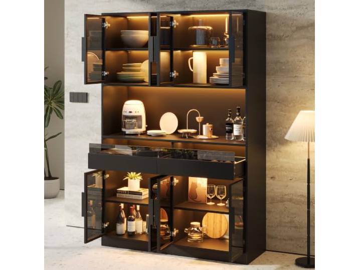 Merax Vitrine 120x40x180 cm mit 8 Glastüren, 2 Schubladen, LED – Graues Glas, Schwarz