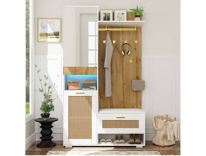 Vestiaire Entrée Avec Miroir Banc À Chaussures 6 Crochets Dorés Éclairage LED 16 Couleurs Penderie Blanc Aspect Bois