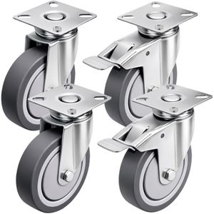 PRIOstahl Möbelrolle mit Anschraubplatte, 4-teilig, 100mm Ø, Tragkraft 240 kg, Lenkrolle aus TPE mit Bremse