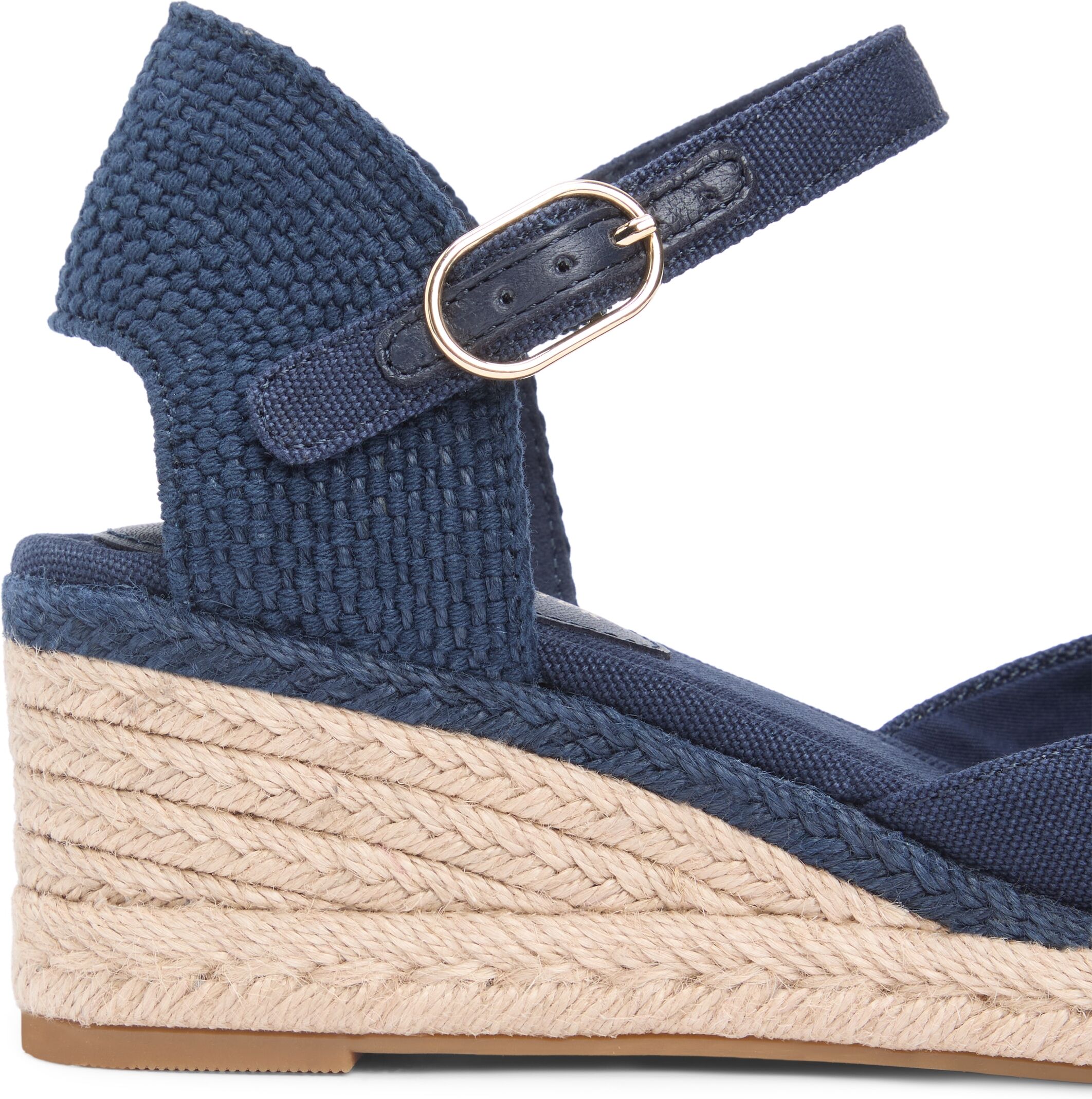 Keilsandalette TOMMY HILFIGER "MID WEDGE ESPAD CLOSED TOE", Damen, Gr. 39, Textil, blau (dunkelblau), Leder, Textil, Schuhe Keilsandalette, Plateau, Sommerschuh mit verstellbarer Schnalle, schmale Form dunkelblau 39, Textil