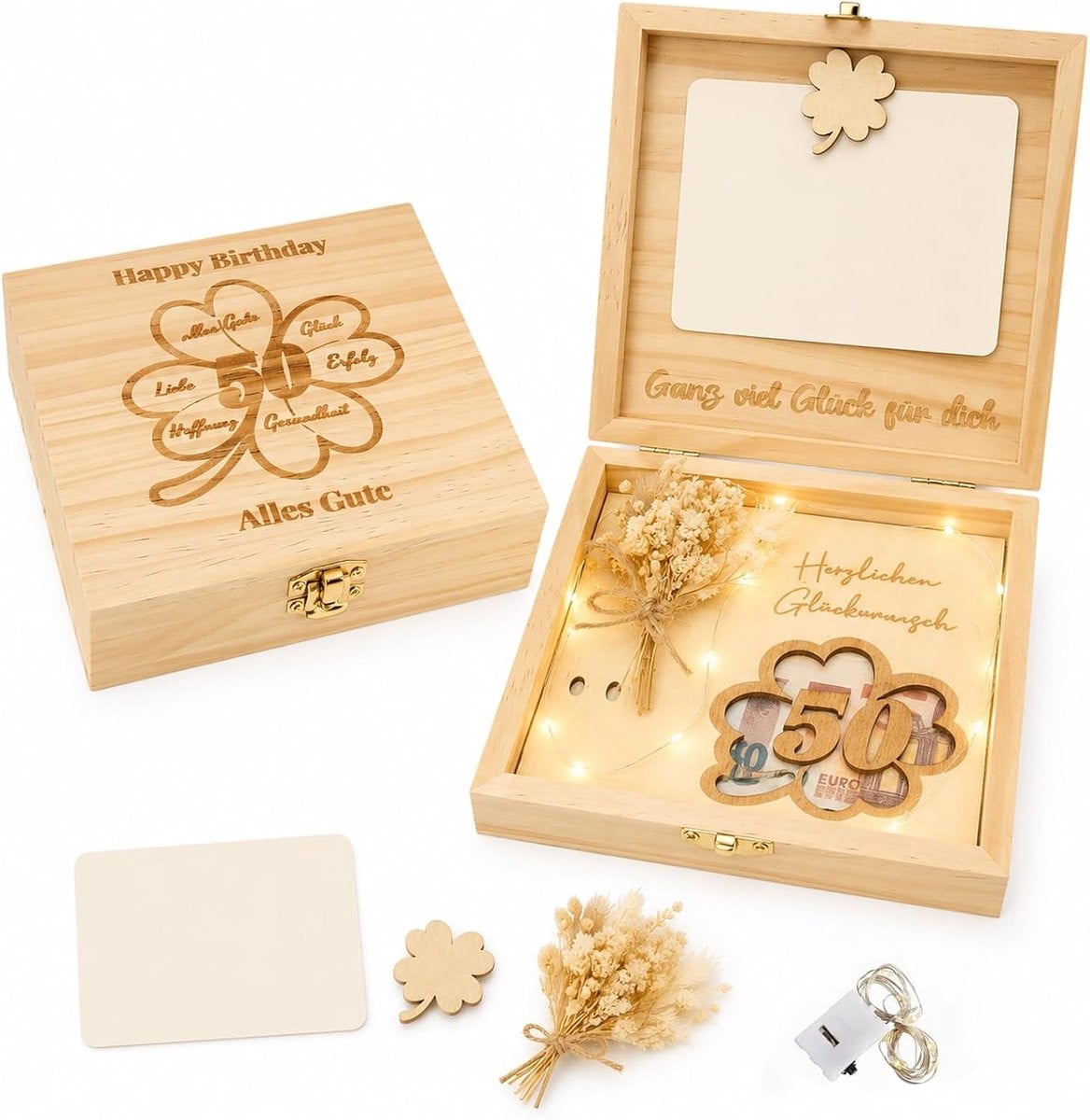 Houten geschenkdoos voor 50e verjaardag inclusief gedroogde bloemen en lichtketting