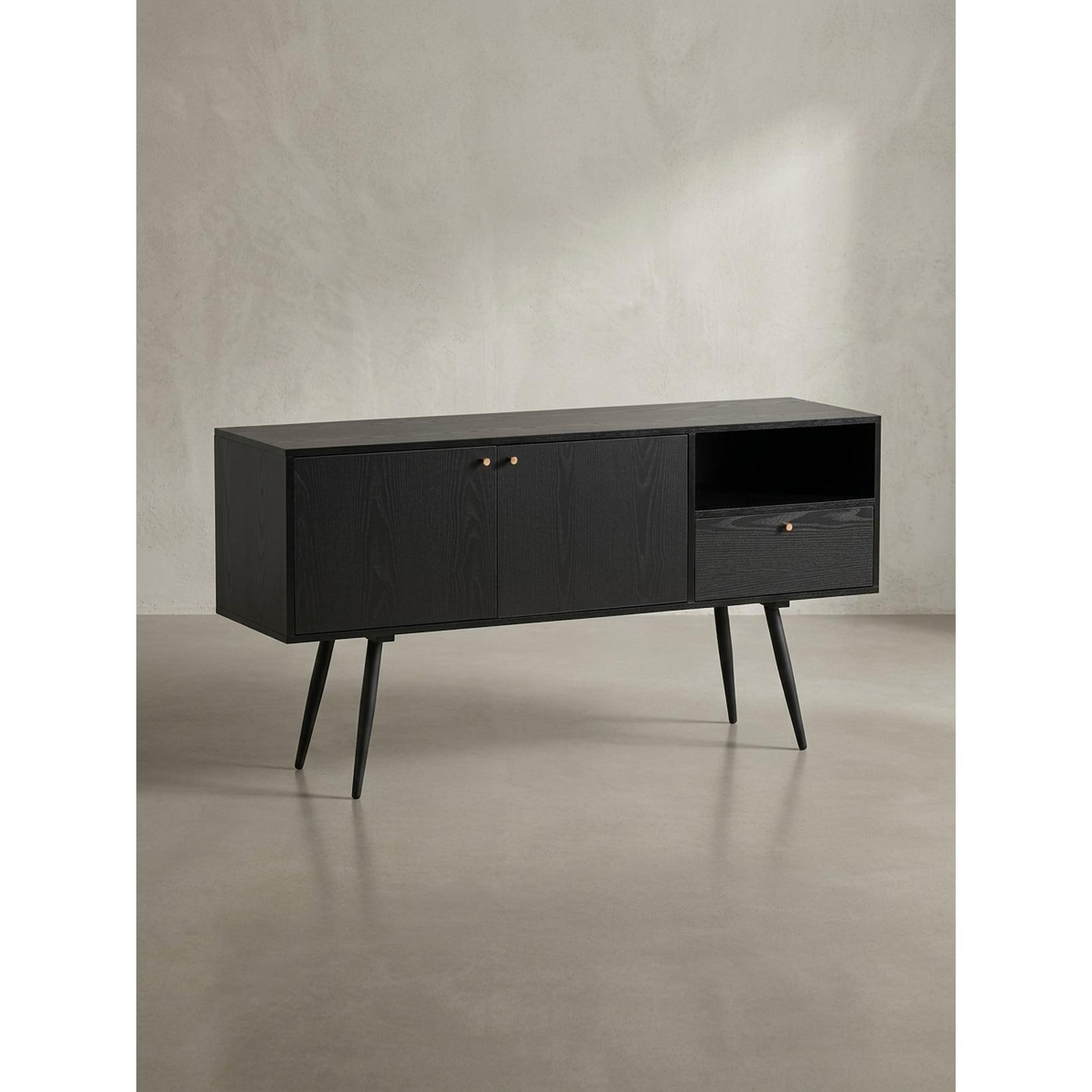 Sideboard – Schwarz/Eiche-Dekor, 140x75x40 cm, mit 2 Türen, Schublade, offenes Fach