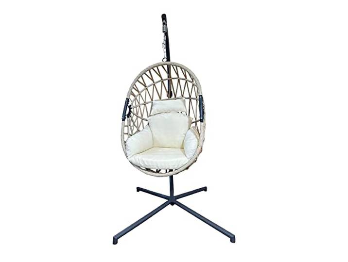 Rebecca Mobili Hängesessel, Außenbereich-Schaukelstuhl, Polyrattan Stahl, Mit Kissen, Selbsttragend - Maße HxBxT: 200 x 128 x 128 cm (Beige)