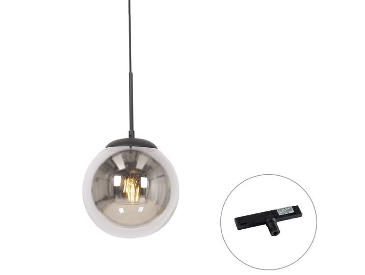Suspension Art Déco noire avec verre fumé et adaptateur rail