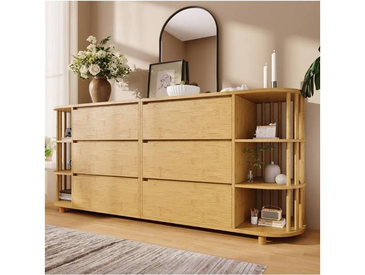 Buffet Bas 160 cm 6 Tiroirs et Rangements Ouverts Pieds Réglables Design Rétro-Romain pour Salon Chêne