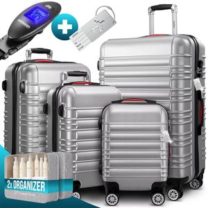 Monzana Koffer silber, 4-teilig + Zubehör, Hartschale, mit 4 Rollen, klein / mittel / groß (2x)