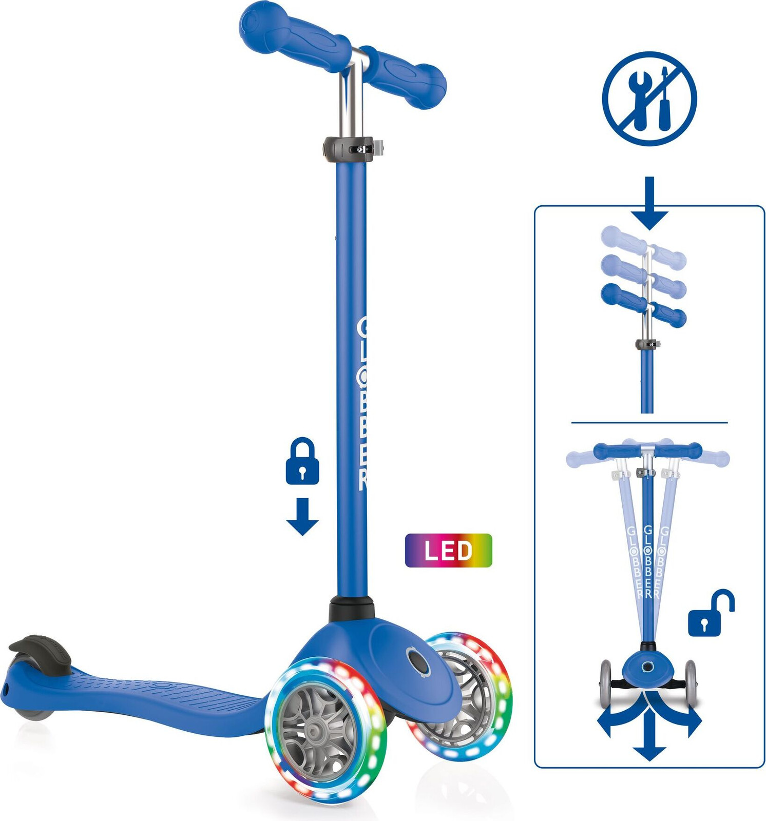 Globber Primo Lights stepcar voor kinderen, donkerblauw, met lichtgevende wielen