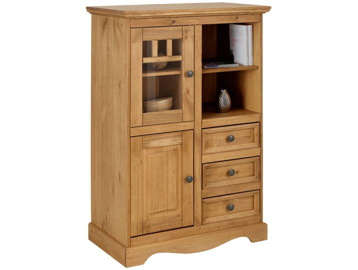Highboard GOODPRODUCT Melissa Vitrine mit 2 Türen und 3 Schubladen, Metallknopfgriffe , beige (natur gebeizt, gewachst), B:80cm H:120cm T:45cm, Sideboards, Highboard, mit 2 Türen, eine davon mit Glaseinsatz, natürliche Maserung