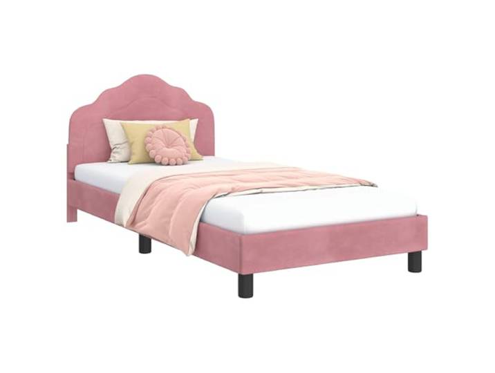PUGYNBK Bett 90 x 190 cm mit Kopfteil Rosa Samt Robuster Holzrahmen, fester Lattenrost, niedriges Profil, einfache Montage