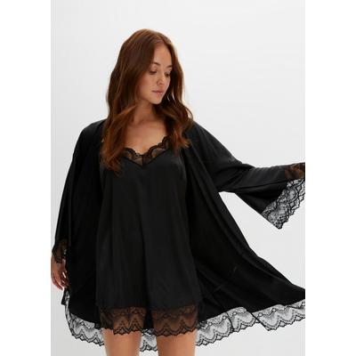 Morgenmantel BONPRIX Gr. 48, schwarz, 48/50 (XL), Satin, Hausmäntel, im Kimono-Stil mit Negligé, mit hochwertiger Spitze