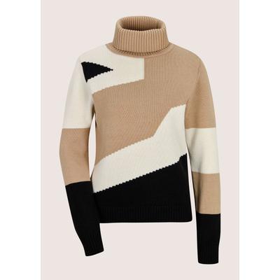 Longpullover MADELEINE "Pullover Rollkragen-Pullover mit Jacquard", Damen, Gr. 36/38, beige (beige, schwarz, wollweiß), Modern, comfort fit, Pullover Longpullover