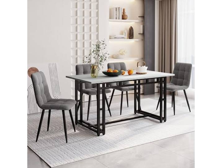 KUAKE 140x80cm Esstisch mit 4 Stühlen Set,Moderne Küche Esstisch Set, Schwarz Eisen Beintisch (Hellgrauer Esszimmerstuhl)