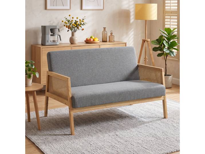 HOMCOM Canapé 2 Places Lin Rotin Bois Gris 115x77x77cm