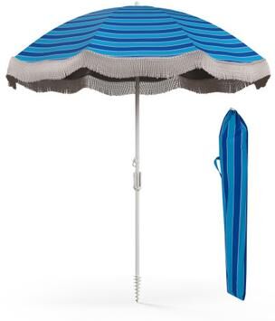 Costway 6.5 FT Beach Umbrella with Fringe Outdoor Tassel Umbrella with Push Button Tilt-Navy