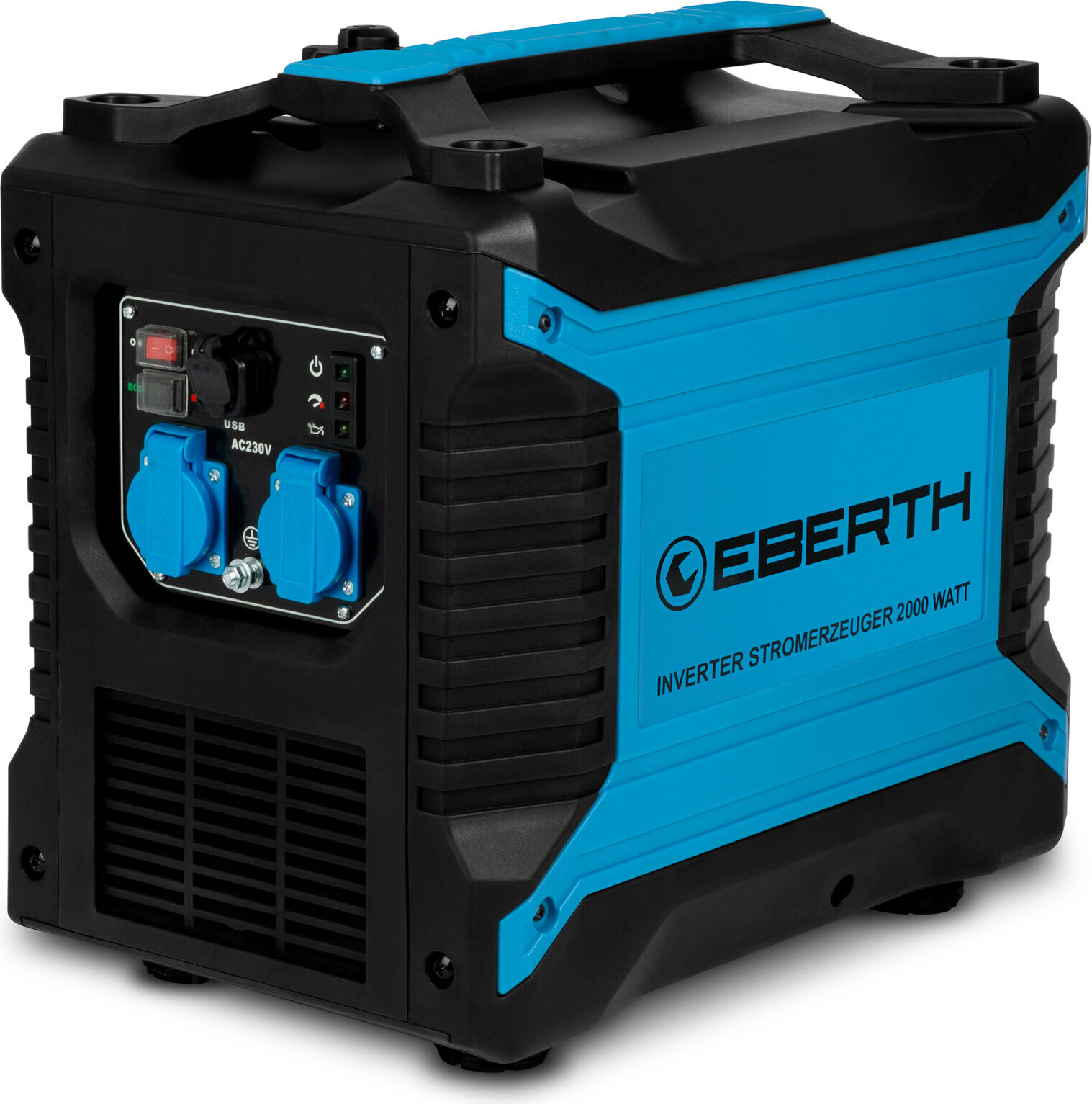EBERTH 2000 Watt Inverter Stromerzeuger leise, Notstromaggregat mit 3 PS Benzinmotor, 4-Takt, Stromgenerator mit 2x 230V und 2x USB Anschluss