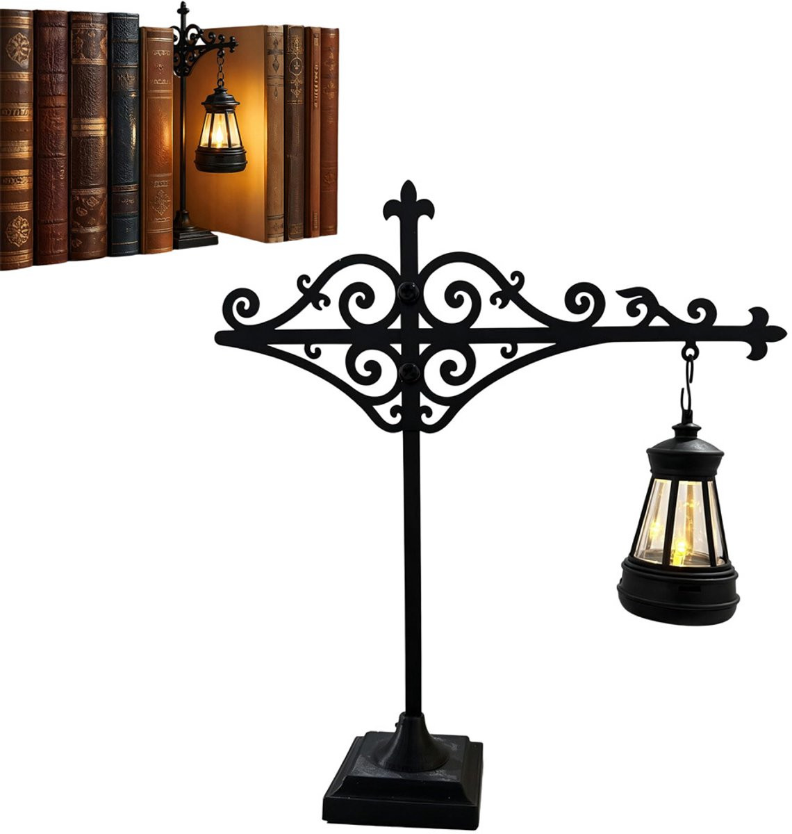 Decoratieve metalen boekensteun in lantaarnmodel met lampje - Zwart - Vintage stijl