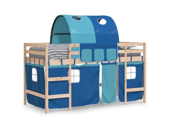 KTHLBRH Hochbett mit Tunnel für Kinder, Blau, 80 x 200 cm, Kiefer Massives Kiefernholz, Sicherheitsgitter 4 Seiten, Leiter inklusive, Vorhänge und Tunnel, Verwendung im Innenbereich