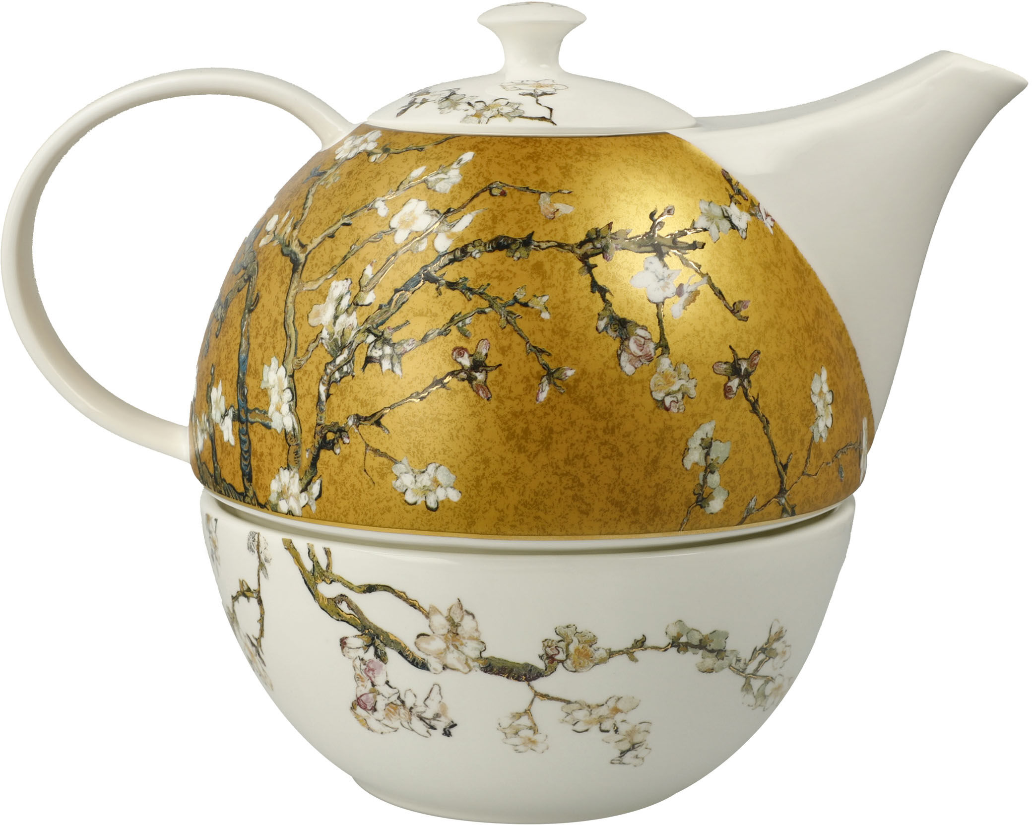 Kanne GOEBEL "Teekanne mit Stövchen Van Gogh- Mandelbaum", gold (bunt), B:16cm H:19cm, Porzellan, Kannen, Kanne bunt Einheitsgröße
