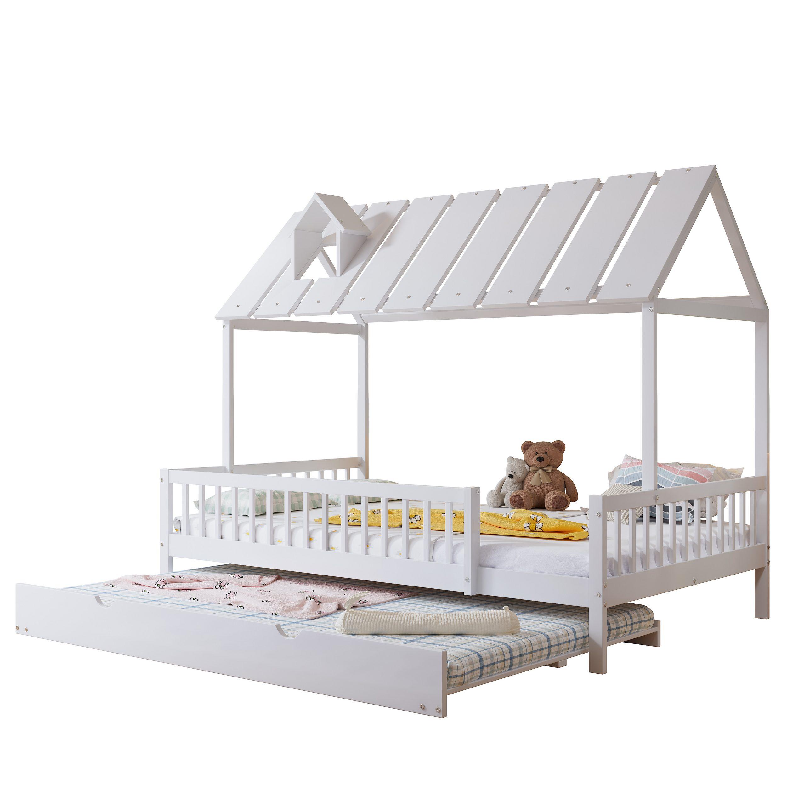 Hausbett mit Ausziehbett und Lattenrost, 120x200 cm, Kinderbett mit Rausfallschutz, Kiefer