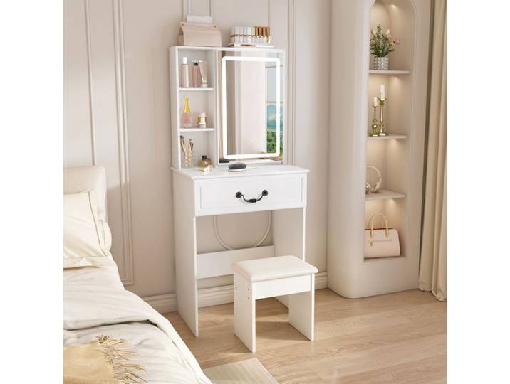 Coiffeuse LED blanche 60x36x131 5 cm avec miroir lumineux rangement caché étagères ouvertes tabouret TYNQER