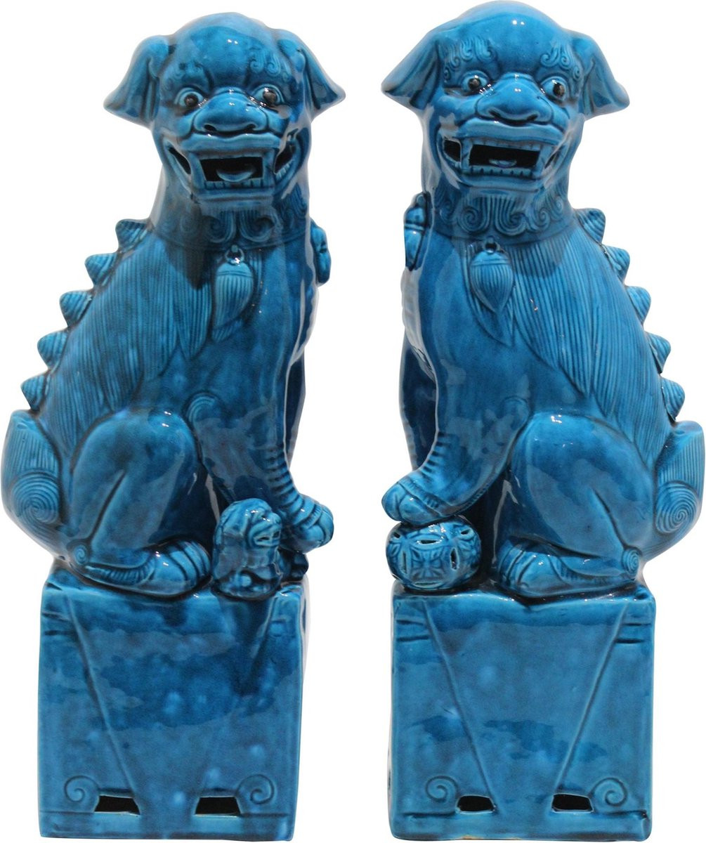 Fine Asianliving Chinese Foo Dogs Blauw Porselein Set van 2 voor op tafel