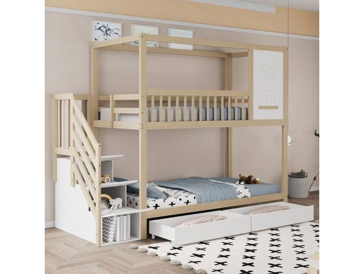 Lit superposé enfant - 90x200 cm - Bois massif - Barrière de sécurité - 2 Tiroirs - Certifié EN747