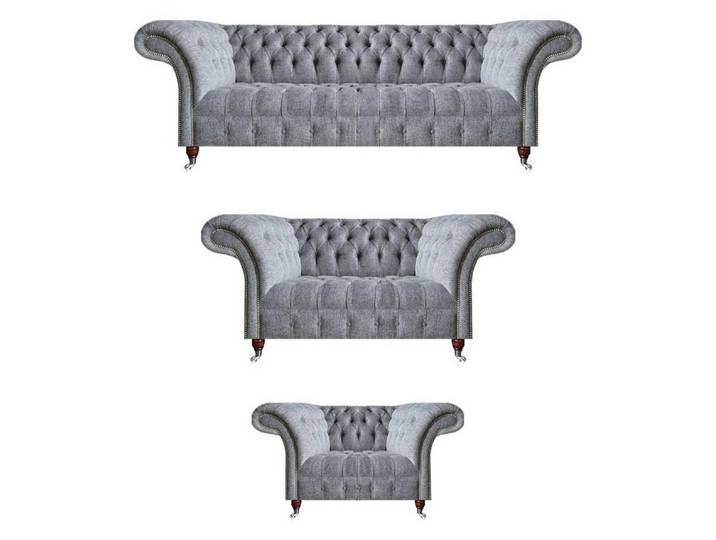 Xlmoebel Chesterfield-Sofa Chesterfield-Sofa in Grau mit Sessel und Hocker, Sofa mit Sessel und Hocker, Hergestellt in Europa