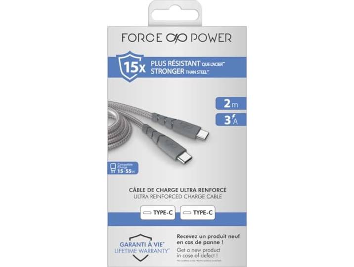 Câble Ultra-renforcé USB C/USB C 2m 3A Garanti à vie Gris - 100% Plastique recyclé Force Power