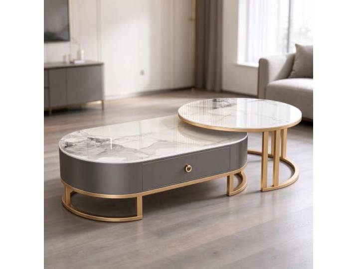 YHTCSXMD Ausziehbarer Couchtisch mit Steinplatte und Schublade Nesting Design, Steinplatte, Stahlrahmen, Holzschublade, couchtisch rund, couchtisch modern, Wohnzimmer