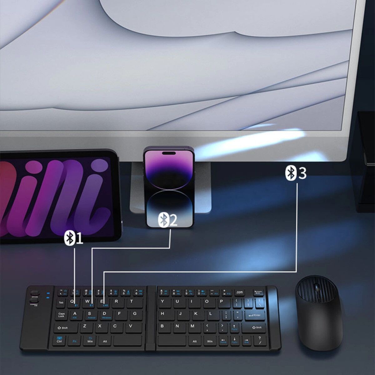 INF Faltbares kabelloses Tastatur- und Maus-Set – Dual-Modus 2.4G & Bluetooth, Type-C wiederaufladbar, 66-Tasten kompakt Schwarz