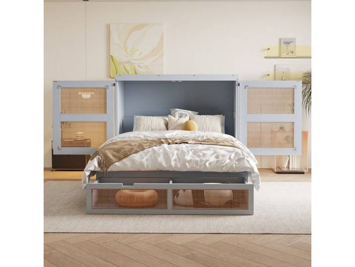 Lit Double Lit escamotable 140x200 cm sommier lattes rabattable mural vertical tiroirs rangement design rotin bois gris-sans