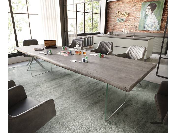 Esstisch Edge 300x100 XL Akazie Platin Glas Live-Edge, Esstische, Baumkantenmöbel, Massivholzmöbel, Massivholz